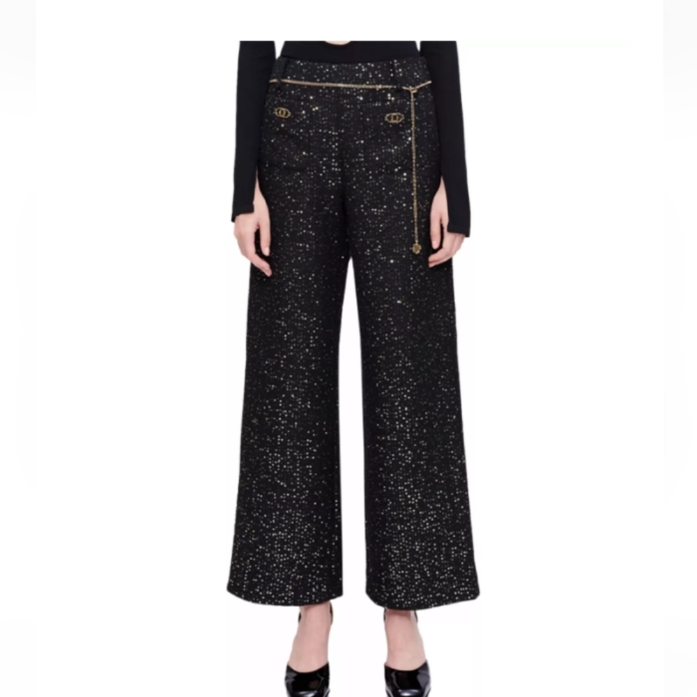 *sold* Maje pirosele trousers, tweed, NWT US 10/12 FR 42 black with gold sequins